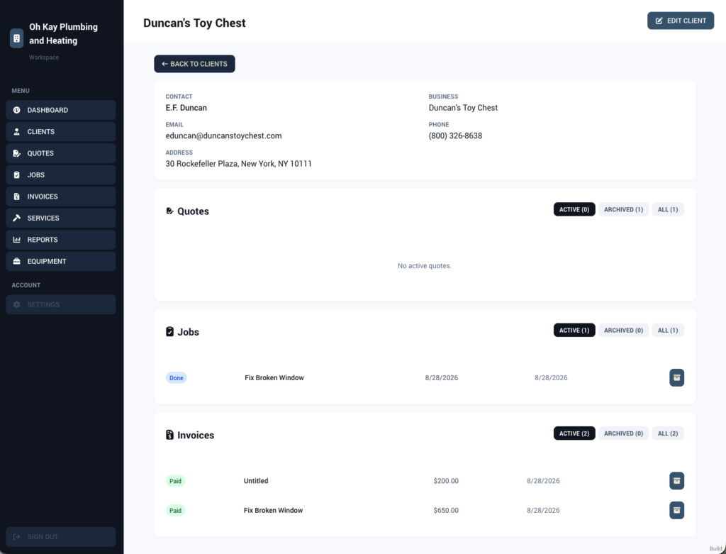 Client history view in WorkProject HQ showing contact info, quotes, jobs, and invoices