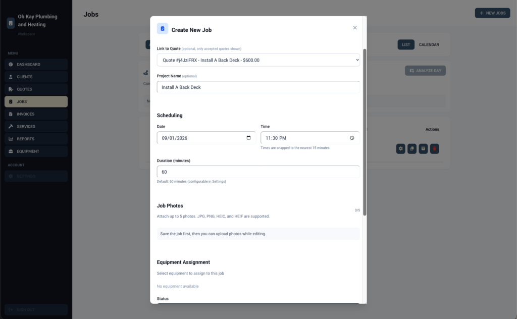 Create a new job in WorkProject HQ with scheduling and photo fields