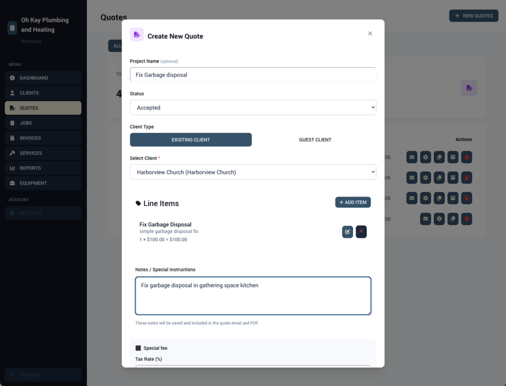 Create a new quote in WorkProject HQ with line items