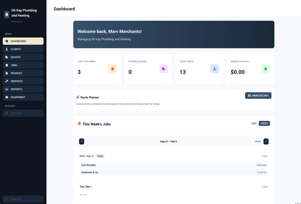WorkProject HQ dashboard showing active jobs, pending quotes, total clients, and unpaid invoices