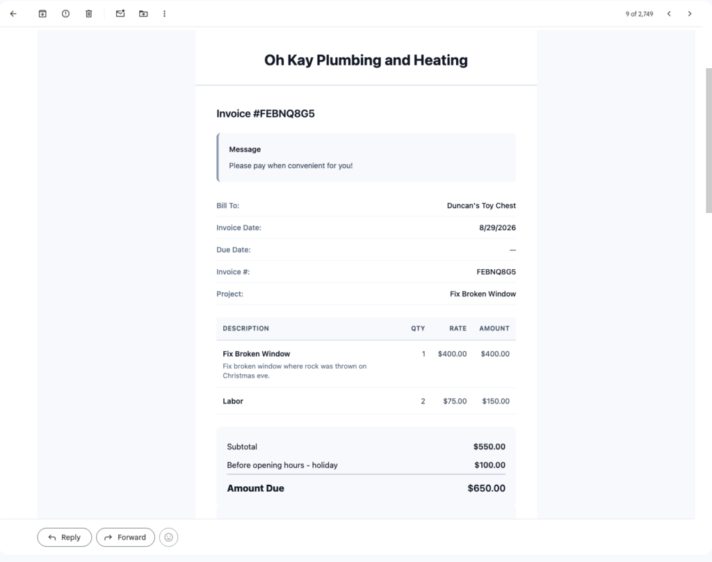 An emailed invoice from WorkProject HQ