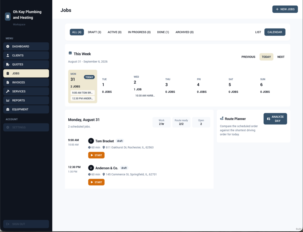 WorkProject HQ jobs calendar and scheduling view