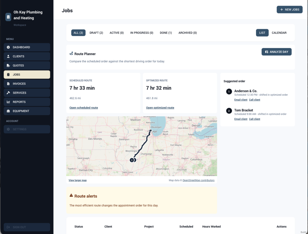 WorkProject HQ route planner comparing scheduled and optimized routes on a map